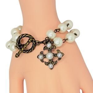 White Pearl Toggle Station Bracelet 7" Cluster Layered